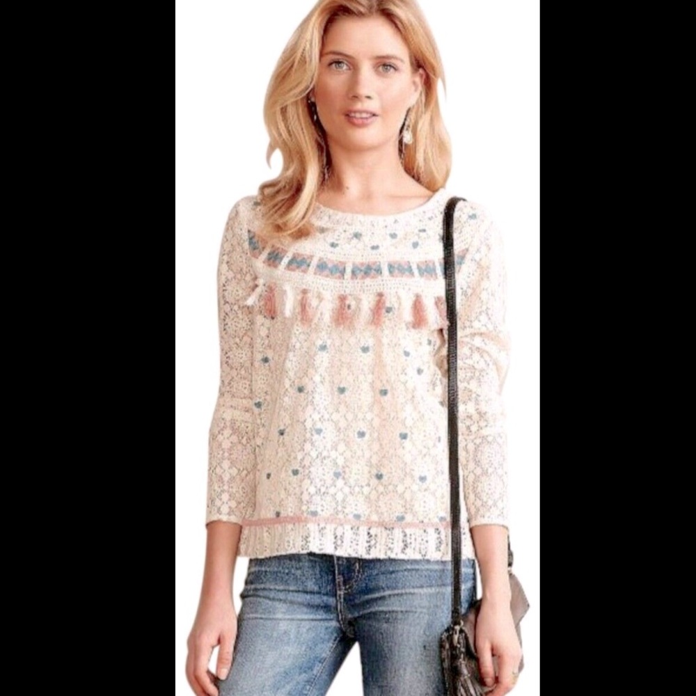 BLUE TASSEL LACE IVORY TINETTO TOP BLOUSE NWT $98